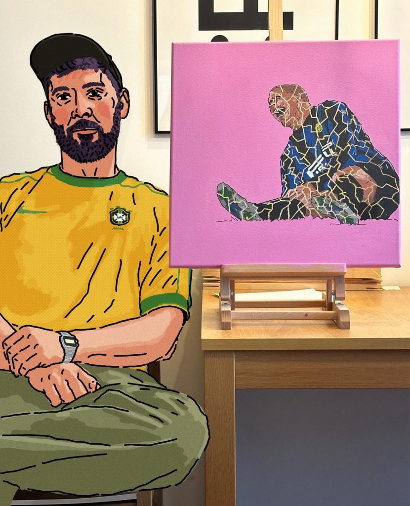 A graphic illustration of a man wearing a football jersey sitting next to a painting of a football player.