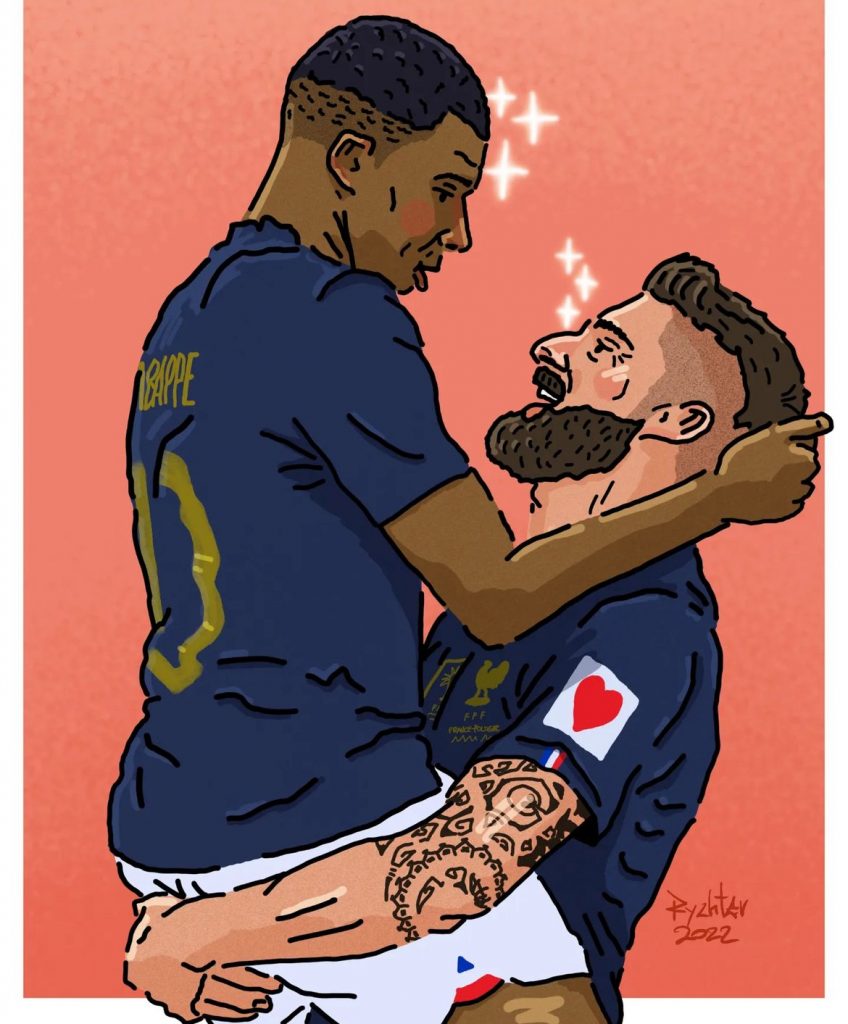 Graphic illustration of two football players celebrating.