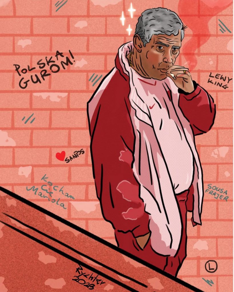 Graphic illustration of a former Polish football manager in a tracksuit smoking a cigarette.