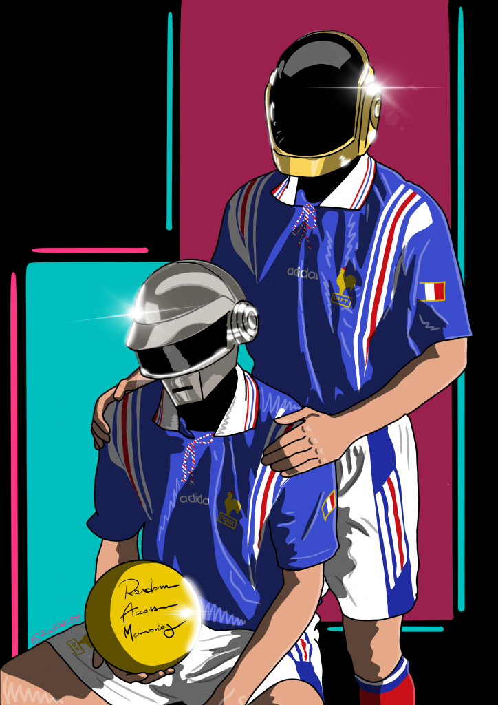 a graphic design of two french players dressed like the french pop duo Daft Punk